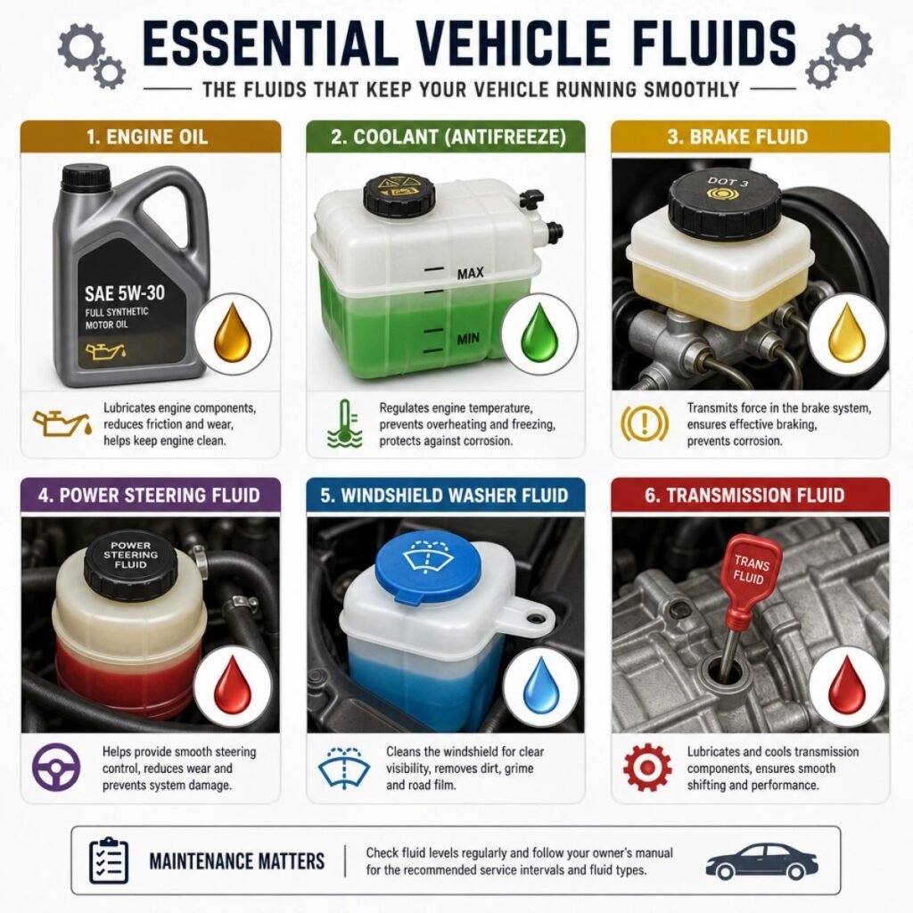 oil transmission fluid coolant power steering fluid windshield wiper fluid