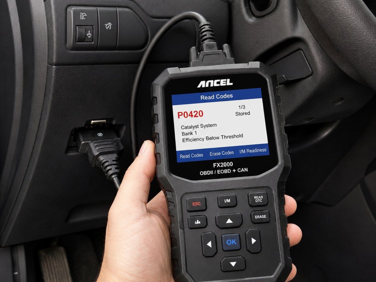 OBD2 scan tool plugged in under a dashboard, showing check engine code P0420